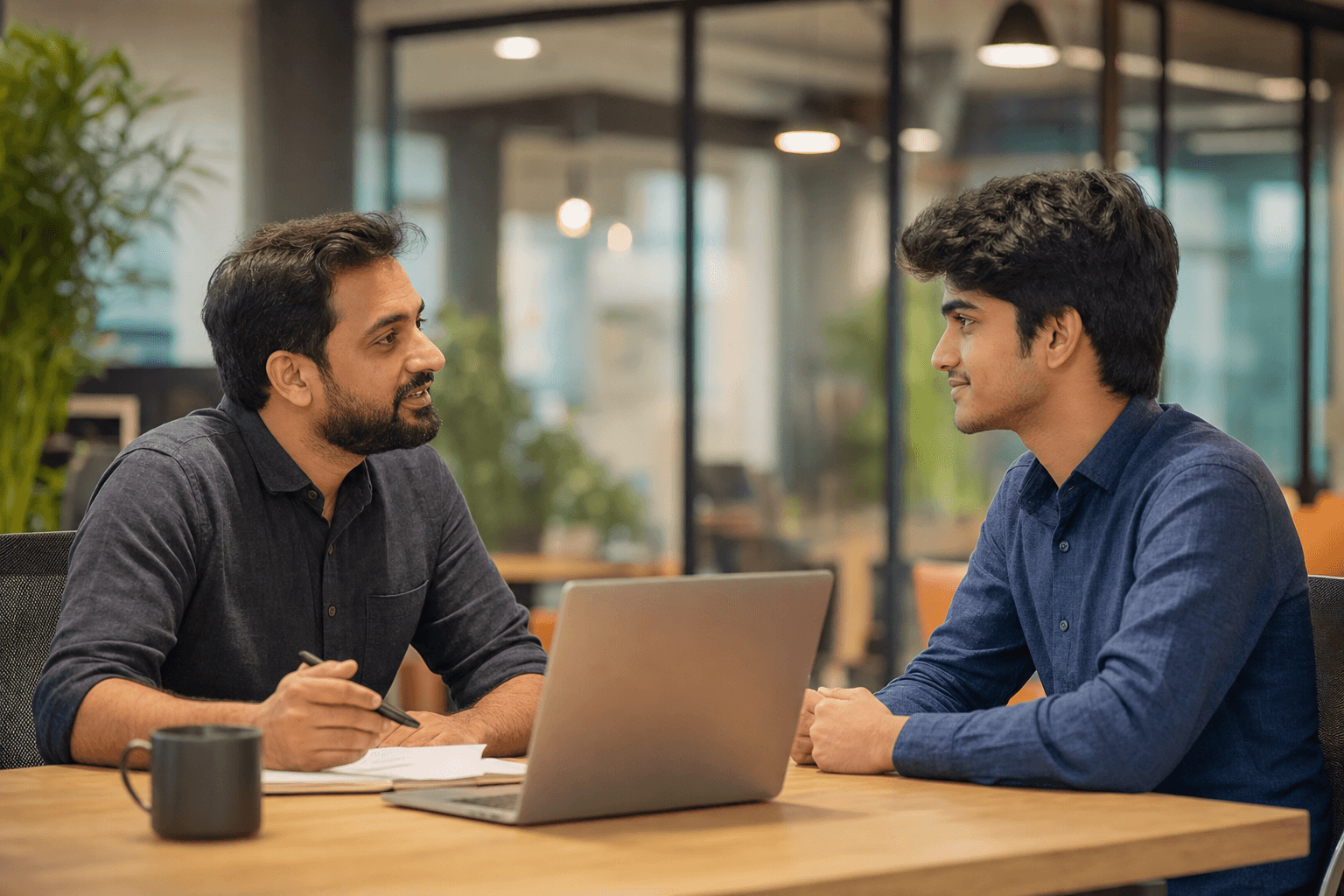 Two professionals in a mock interview conversation